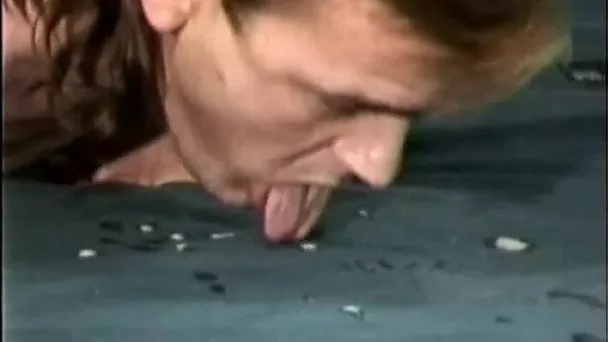 Cuckold has to lick cum off after his busty cheating wife is fucked
