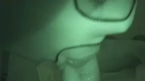 Night cam video of my honey in latex mask giving me sloppy blowjob