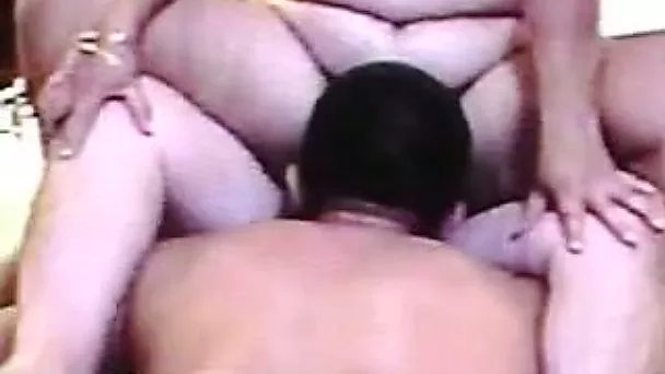 Digging BBW wife's cunt with my tongue while she rides my friend