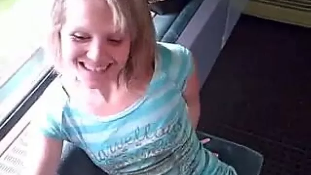 Cute blond girlfriend gives eager blowjob on the train