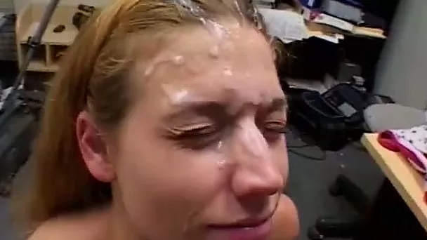 Pretty girl Kamy gets her face glazed in jizz after performing deepthroat blowjob