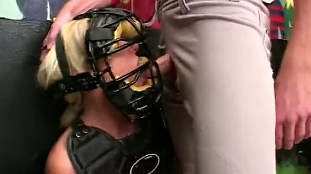 Trashy blonde wench gets throat fucked by horny ass baseball player