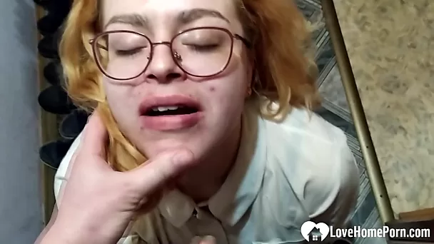 Nerdy redhead loves munching a hard shaft