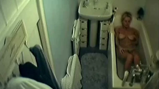 BBW blonde wife of  my neighbor takes bath and masturbates