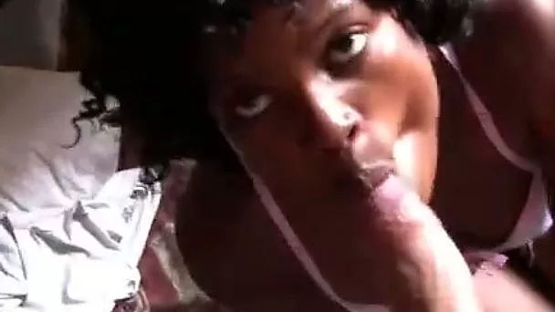 Dark skinned chick Sandy sucks big white cock before getting fucked doggy style