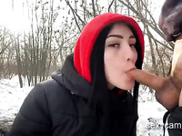 Slutty brunette gets fucked outdoor in cold Russian winter