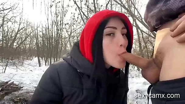 Slutty brunette gets fucked outdoor in cold Russian winter