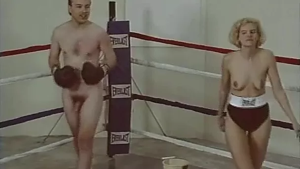 nude male vs female mixed naked boxing as with face punches, body punches and blow job ending