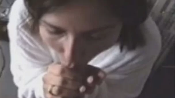 My wondrous brunette wife strokes my dick with her mouth and hands
