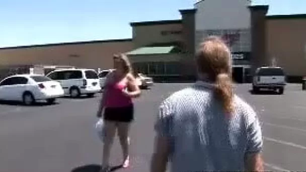 Full-figured blonde woman gets pickuped on the parking lot
