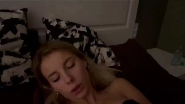 Blond gf plays with her tits, ass and pussy on our couch