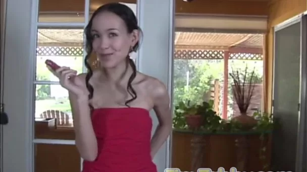 Tiny Tabby with small tits masturbating with Dildo