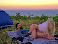 Blonde chick opens her mouth and gives oral foreplay before Camping Sex