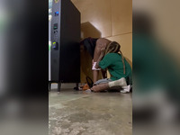 Insane public quickie by a black couple hiding behind a vending machine