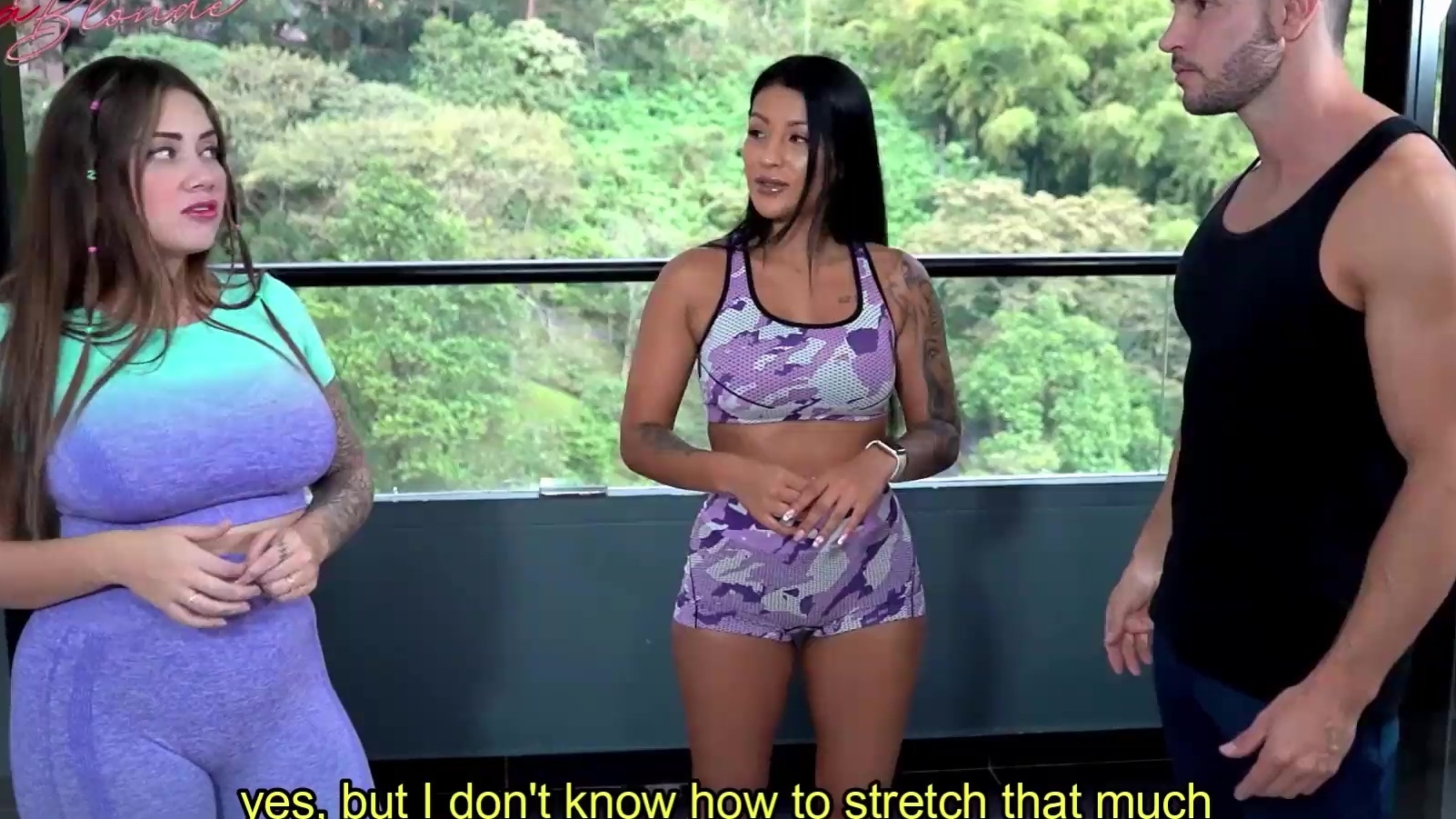 Yoga coach got a boner when he stretched two latinas and they had to suck his cock photo