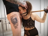 BDSM facefuck ends up with heavy cumshot for redhead submissive