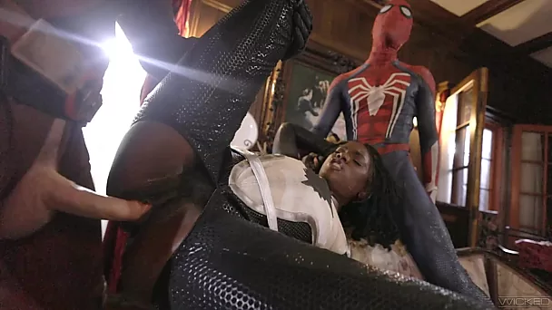 Ebony girl gets fucked by guys in deadpool and spiderman cosplays. Intense threesome!